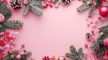 Top view composition of handmade wooden garland on pink background for holiday card design