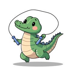 vector illustration of a cute crocodile playing jumping rope in a cartoon, flat and minimalist style isolated on a white background