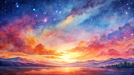 Fototapeta premium Vibrant orange and pink hues of a serene sunset merge with twinkling stars of the Milky Way in a tranquil landscape.