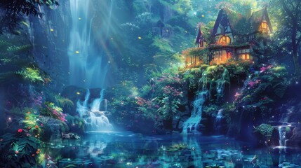Fototapeta premium Enchanted Waterfall Retreat - Fantasy Magic House Surrounded by Luminous Plants in Watercolor Style