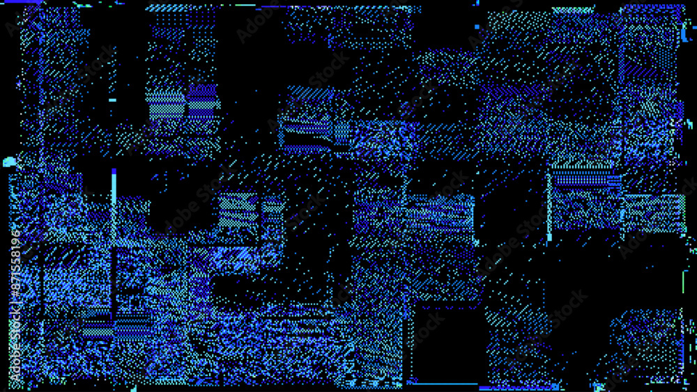 Poster Colorful Glitch Screen Effect Background. Abstract Digital Pixel Dots Noise Glitch Error. Overlay Texture Pixel Sorting Effect Illustration. Modern Sci-Fi Game Vector Background.