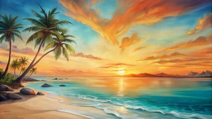 Fototapeta premium Serenely idyllic tropical beach at sunset, with swaying palm trees, crystal clear turquoise waters, and vibrant orange sky backdrop.