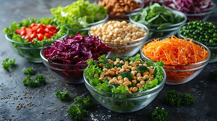 A variety of salads featuring leafy greens, nuts, seeds, and dressings, showcasing the diversity and appeal of healthy eating.