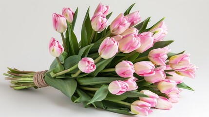 Pink tulips bouquet on white backdrop