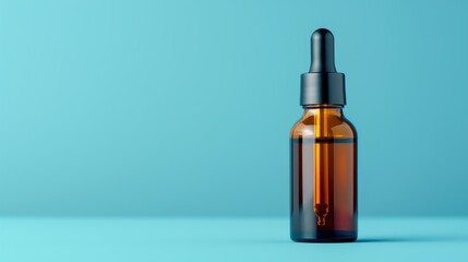 Naklejka premium Cosmetic serum bottle with dropper on blue backdrop Text space available