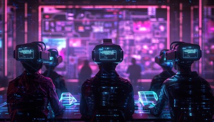 Futuristic conference with holographic presenters discussing blockchain technology, audience with VR headsets, neon-lit tech environment