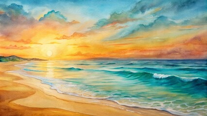 Fototapeta premium Serenely sweeping curves of golden sand meet turquoise waves under a vibrant orange sunset sky with tranquil horizon view.