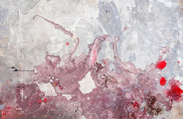 purple red colours stain splashed on rough grey grunge concrete floor