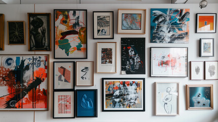 A gallery wall filled with an array of eclectic frames, each showcasing a unique abstract art piece.