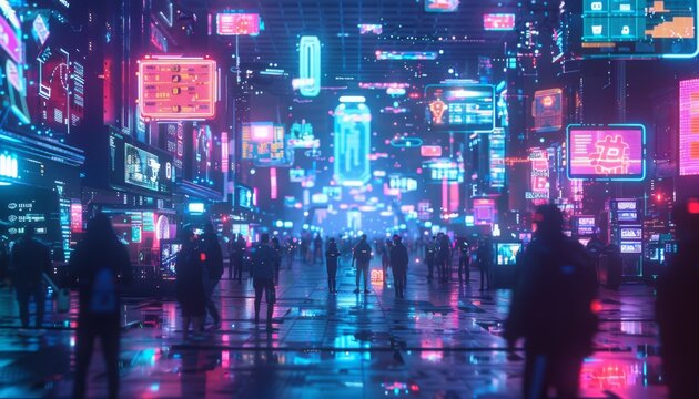 Futuristic marketplace with diverse avatars exchanging goods using cryptocurrency, holographic transaction interfaces, vibrant neon colors