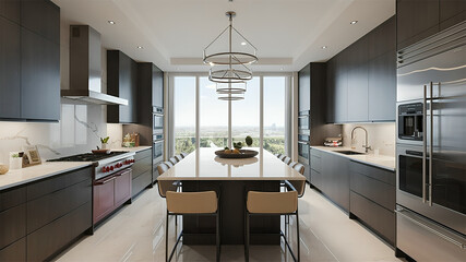 Fototapeta premium Contemporary Kitchen With Sleek, Stainless Steel Appliances, Marble Countertops