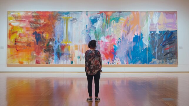A person standing in front of a large painting in a quiet art gallery, with the focus on the artwork