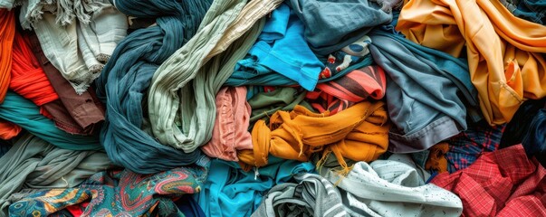 A pile of old, used clothing and textiles illustrating fast fashion waste.