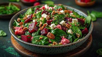 An enticing salad featuring spinach, roasted beets, goat cheese, and pecans, topped with a raspberry vinaigrette.