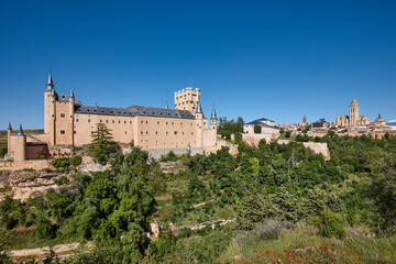 Segovia alcazar and cathedral. Medieval town in Spain. Panoramic view