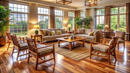 Fototapeta premium Neatly arranged wooden chairs and tables on a hardwood floor create a cozy atmosphere in a beautifully decorated living room.