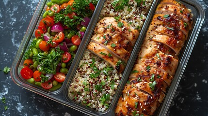Healthy meal prep containers filled with roasted chicken, quinoa, and green beans, ready for the week ahead.