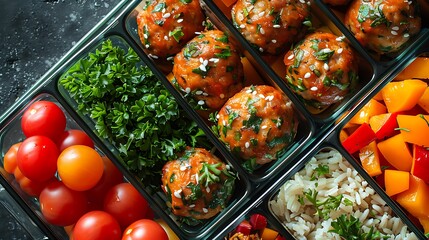 Healthy meal prep containers filled with turkey meatballs, brown rice, and roasted vegetables, ready for the week ahead.