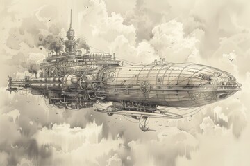 Intricate steampunk airship illustration, featuring gears, pipes, and clouds. Antique design with vintage aesthetics and fantasy elements.