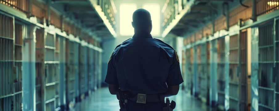 Stern correctional officer standing guard in a dimly lit prison hallway.