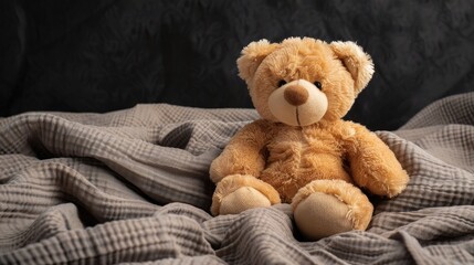 Plush bear toy for kids next to linen on black background