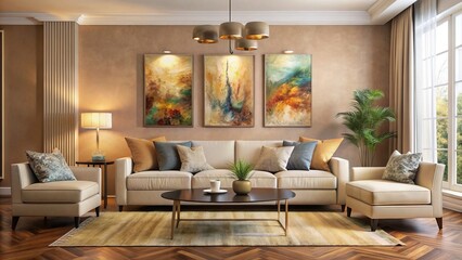 Fototapeta premium Spacious living room with plush four-seater sofa in neutral tones against warm beige wall adorned with vibrant abstract artwork.