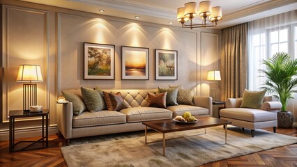 Fototapeta premium Cozy living room with a plush four-seater sofa against a warm beige wall adorned with elegant artwork and soft lighting.