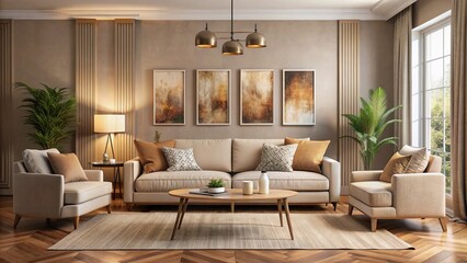 Cozy modern living room features a comfortable beige four-seater sofa surrounded by warm neutral tones and elegant wall artwork.