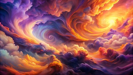 Vibrant abstract artwork featuring swirling clouds of purple and orange hues, conveying dynamic energy and creativity in a mesmerizing dance.