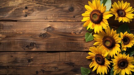 Obraz premium Sunflowers on wooden background with space for text
