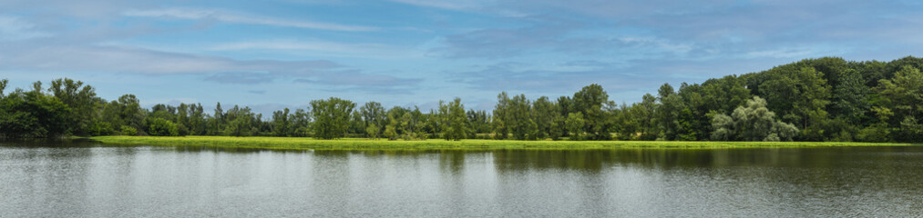 Magnificent landscape of a lake lined with trees and flowers in the southwest of France.