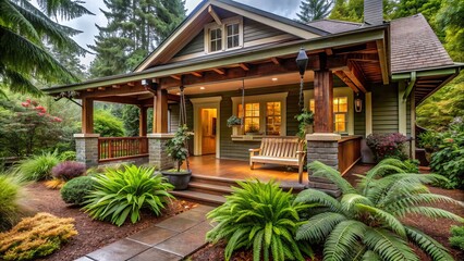 Obraz premium Serene Craftsman style home's covered porch surrounded by lush potted ferns and adorned with a wooden swing, bathed in gentle raindrops.