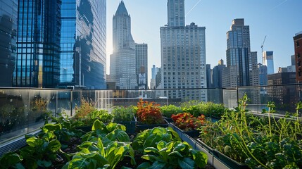 Fototapeta premium Close up shot of the plants in a rooftop garden, with skyscrapers rising in the background