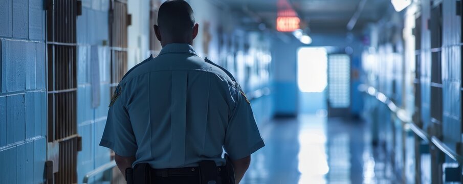 Stern correctional officer standing guard in a dimly lit prison hallway.