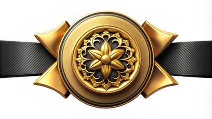 Golden emblem with intricate design and tied black ribbon, symbolizing mastery and excellence in martial arts, isolated on pure white.