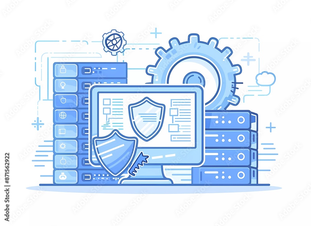 Poster a flat vector illustration of computer security, with a shield and key symbolizing data protection a