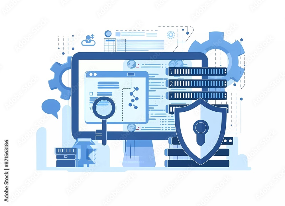 Poster a flat vector illustration of computer security, with a shield and key symbolizing data protection a