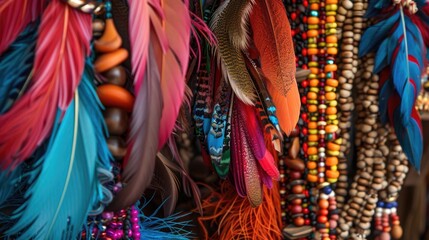 Fototapeta premium Colorful handcrafted array of headpieces using dyed feathers beads and braided strings Ample space for focus