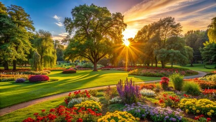 Obraz premium Warm golden light of sunset illuminates lush green trees and vibrant flowers in a serene and peaceful summer park landscape.