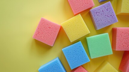 Arranged colorful sponge foam squares set in curvy style on a pale yellow backdrop in soft pastel hues