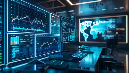 Crypto trading platform, transparent holographic screens, modern tech office, blue tones