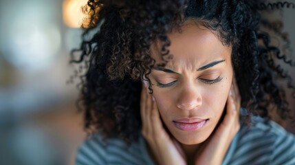 A young woman with curly hair holds her head in her hands, her eyes closed, conveying sadness or pain.