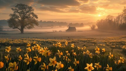 Bright yellow daffodils in lush spring field