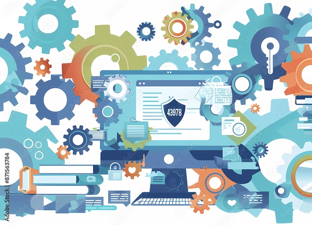 Poster a flat vector illustration of computer security, with a shield and key symbolizing data protection a