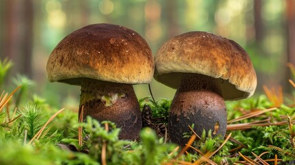 Two young Aureoboletus projectellus mushrooms in forest Edible fungi with dark caps surrounded by green moss and pine needles Macro shot with focused view