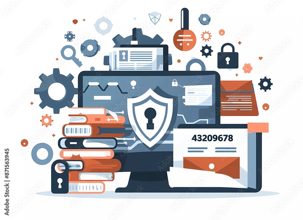 Poster a flat vector illustration of computer security, with a shield and key symbolizing data protection a