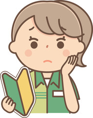 困った表情の初心者マークを持った女性