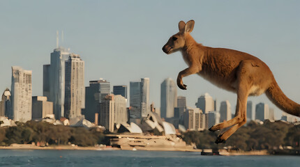 Obraz premium kangaroo jumping over a body of water with a city in the background
