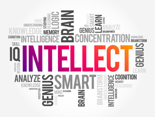 Intellect - the faculty of reasoning and understanding objectively, especially with regard to abstract matters, word cloud concept background