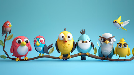 3d birds on a branch